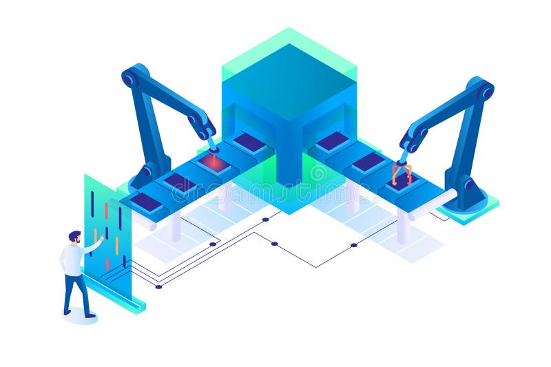 3d isometric man at work with semi automatic production. vector illustration 3d isometric man at work with semi automatic production. vector illustration