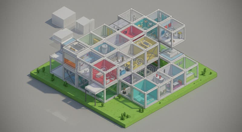 A 3D isometric rendering of a modular building composed of interconnected glass royalty free illustration