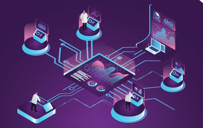 3d isometric Scientist analyzing and processing data statistics with charts and graph. Data visualization concept. vector royalty free illustration