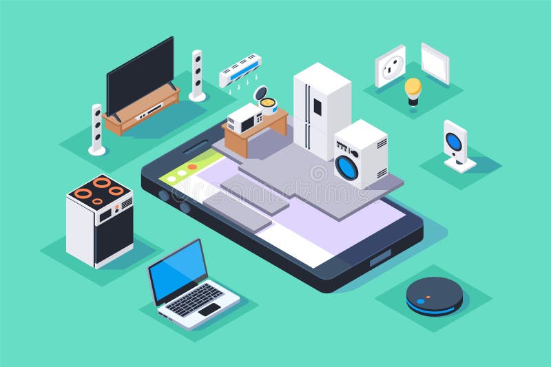 3d isometric smart appliances home on mobile phone. stock illustration 3d isometric smart appliances home on mobile phone. stock illustration