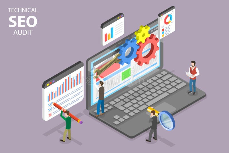 3d-isometrische flache Vektor-konzeptuelle Abbildung der technischen Seo-Prüfung vektor abbildung