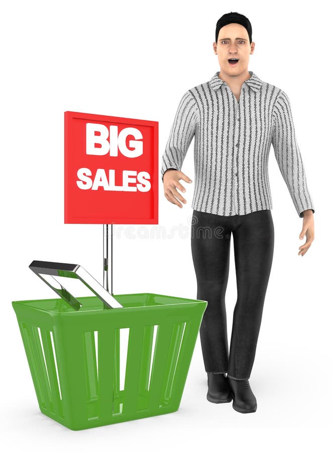 3d karakter, verraste mens die, opgewekt, zich dichtbij aan een mand met grote verkoopadvertentie bevinden vector illustratie 3d karakter, verraste mens die, opgewekt, zich dichtbij aan een mand met grote verkoopadvertentie bevinden vector illustratie