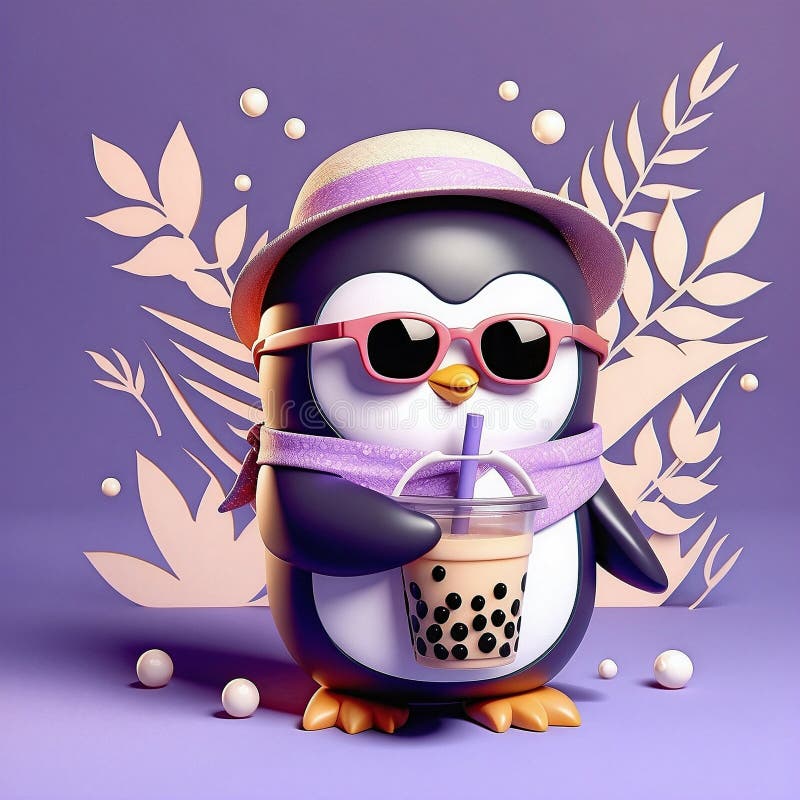 3d karikatyrpenguin mascot med sunglass och modernt sommarkonfektyp, drickbubbelte med tapioca vektor illustrationer