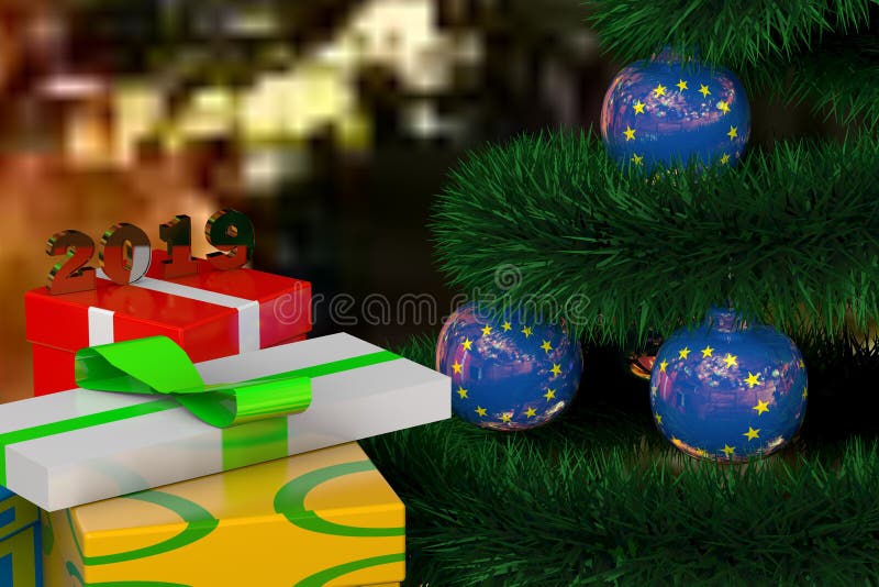 3D Kerstboom met ballen in de vorm van de vlag en de giften van de EU vector illustratie 3D Kerstboom met ballen in de vorm van de vlag en de giften van de EU vector illustratie
