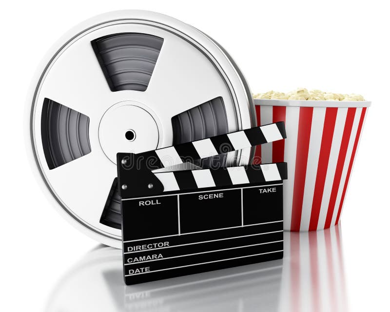 3d kinowy clapper ekranowa rolka i popkorn, royalty ilustracja 3d kinowy clapper ekranowa rolka i popkorn, royalty ilustracja