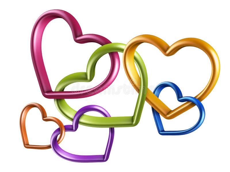 3d mixed colors hearts connected together, linked rings, chain; love, marriage and friendship symbol; Valentines Day clip art on white background. 3d mixed colors hearts connected together, linked rings, chain; love, marriage and friendship symbol; Valentines Day clip art on white background