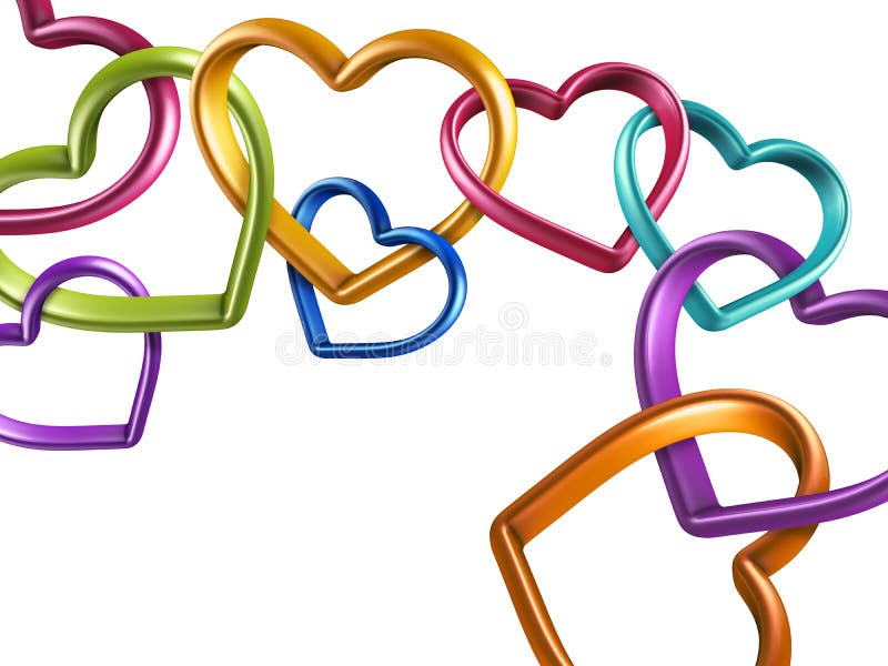 3d mixed colors hearts connected together, linked rings, chain; love, marriage and friendship symbol; Valentines Day clip art on white background. 3d mixed colors hearts connected together, linked rings, chain; love, marriage and friendship symbol; Valentines Day clip art on white background