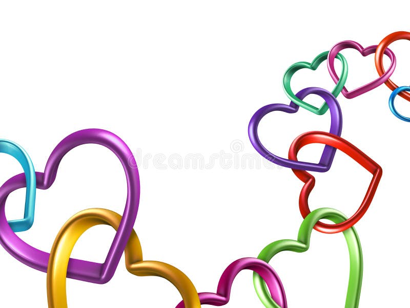 3d mixed colors hearts connected together, linked rings, chain; love, marriage and friendship symbol; Valentines Day clip art on white background. 3d mixed colors hearts connected together, linked rings, chain; love, marriage and friendship symbol; Valentines Day clip art on white background