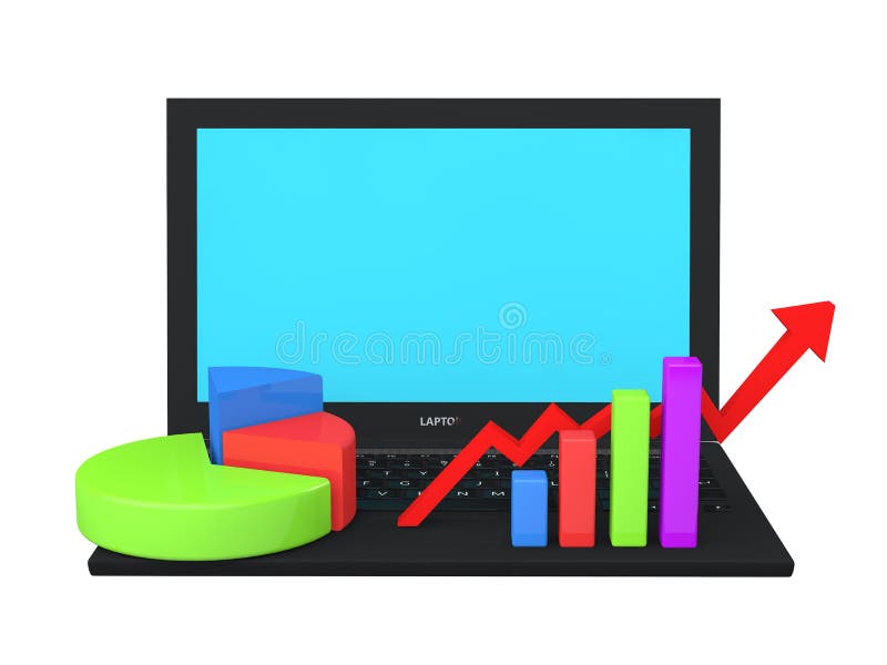 3D laptop with different graphs and charts on keyboard vector illustration