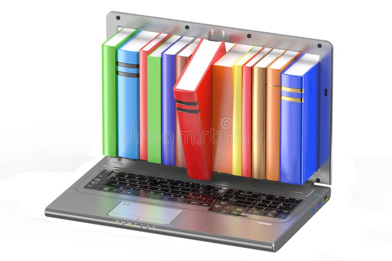 3D Laptop and stack of color books royalty free illustration