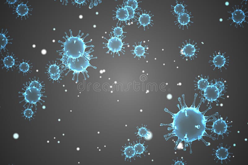 3d las células de coronavirus azules covid19 gripe que fluye sobre el fondo gradiente gris como casos de cepa de gripe peligrosa c stock de ilustración