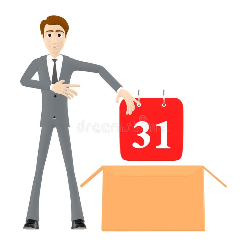3d le caractère, homme montrant un calendrier saute d'une boîte en carton avec le nombre 31 montré dans lui illustration de vecteur 3d le caractère, homme montrant un calendrier saute d'une boîte en carton avec le nombre 31 montré dans lui illustration de vecteur
