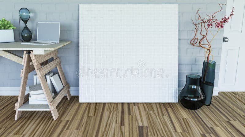 3D leeg canvas die tegen een muur in een ruimtebinnenland leunen stock illustratie 3D leeg canvas die tegen een muur in een ruimtebinnenland leunen stock illustratie