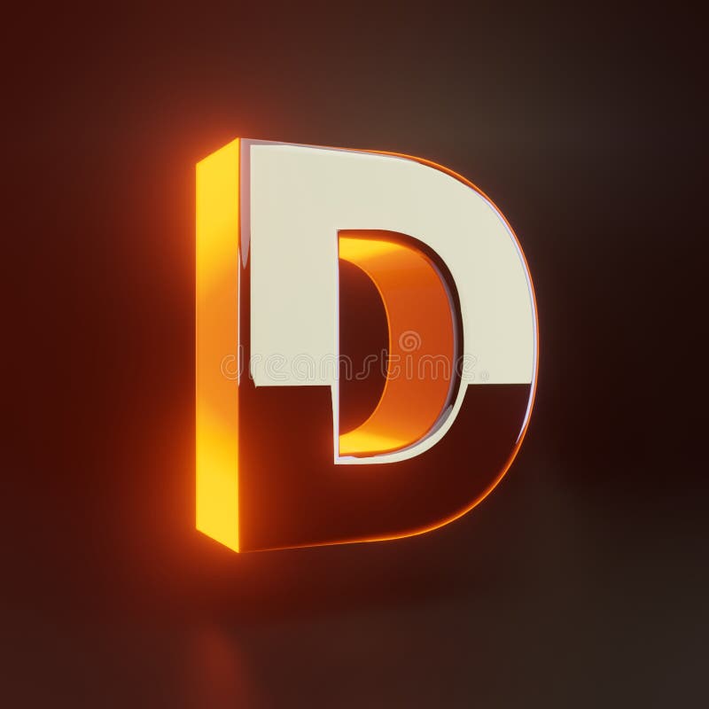 3d Letter D Uppercase. Glowing Glossy Metallic Font with Orange Lights ...