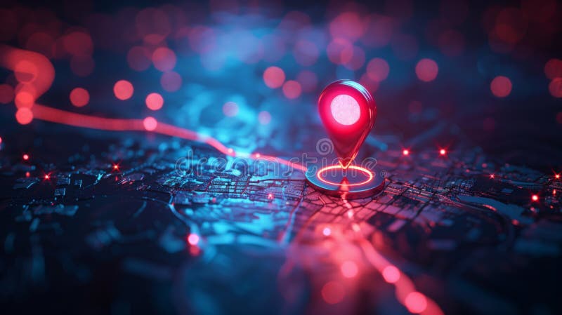 3D location icon on digital map background with glowing light effects. A stylized map marker or pin symbol for global branding or royalty free illustration