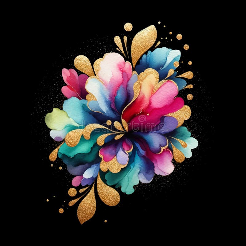 3d lyxflytande flytande vattenfärgsmodern guldglittermönster med glödande florfärgade prydnadsföremål guldglitter. Ornate vektor illustrationer