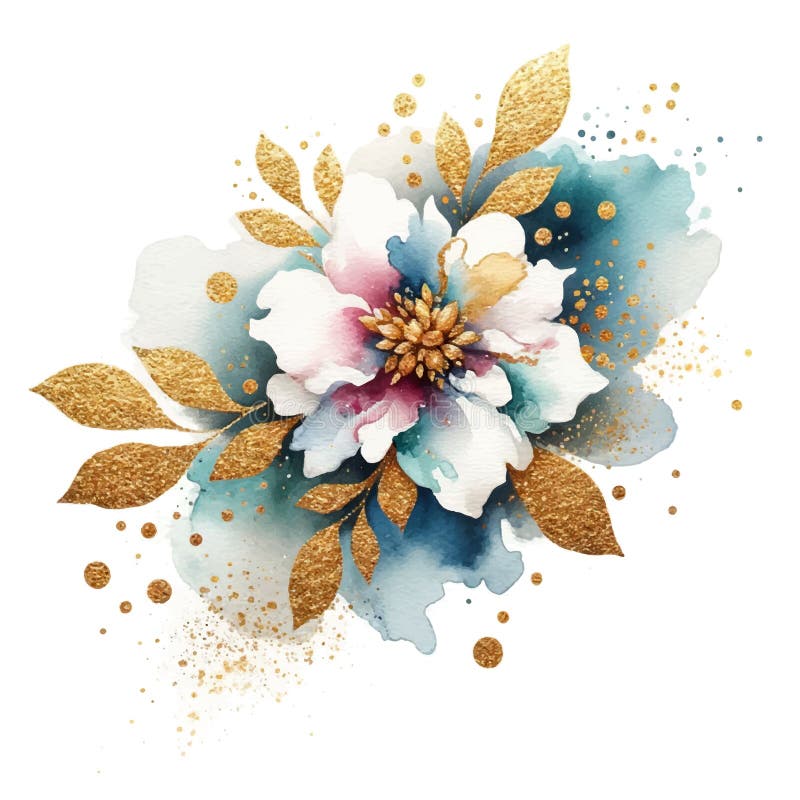 3d lyxflytande vätskefärgskemönster av guld med glödande flamornament skjuter ut gnistfläckar glitter stock illustrationer