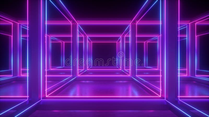 3d líneas de fondo geométricas abstractas de neón resplandecientes en luz ultravioleta dentro del concepto de hipercubo de jaula d libre illustration