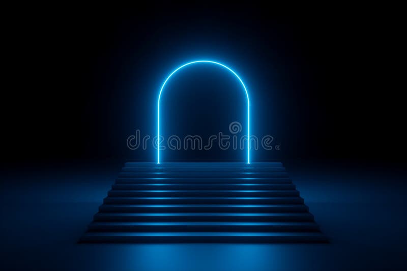 3d machen abstrakten neonfarbenen Hintergrund glühende blaue abgerundete Bogentreppen Performance Bühne Design leere Mode Podium stock abbildung