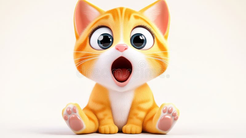 3D Made Orange Tabby Kitten cu Big Eyes and Open Mouth Shock Expression Sitting on a White Background vector illustration
