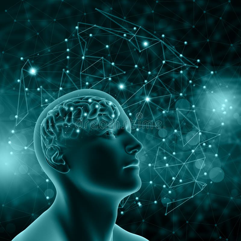 3D Male Figure with Brain on Background with Connecting Dots and Stock