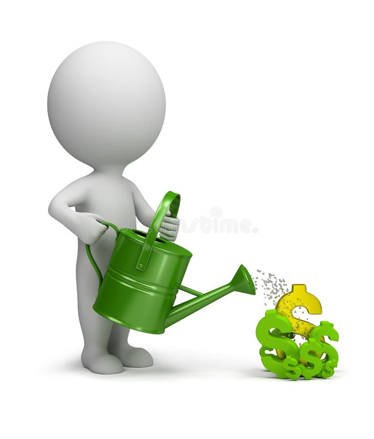 3d small person watering the dollar. 3d image. White background. 3d small person watering the dollar. 3d image. White background.