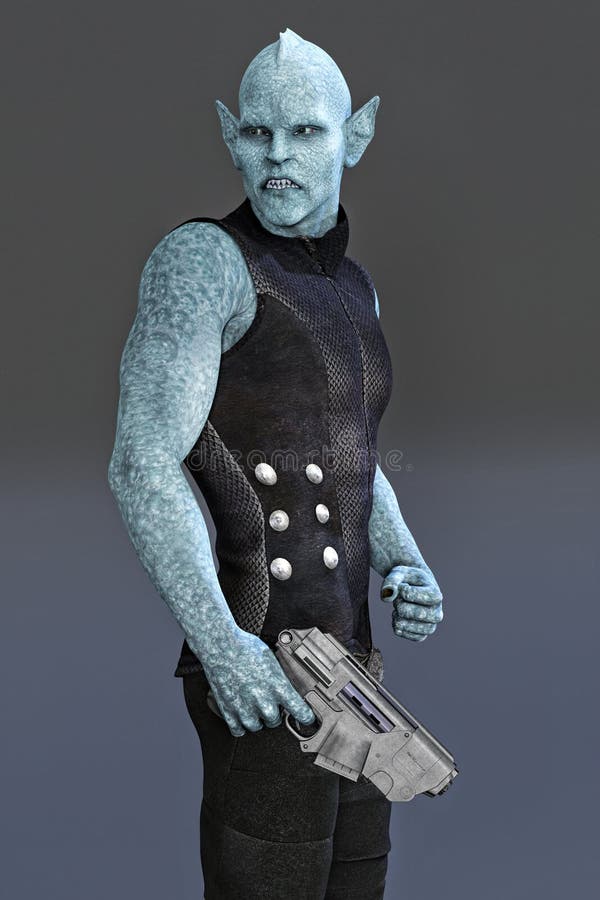 Closeup render of an alien man holding a gun and looking to the side vector illustration
