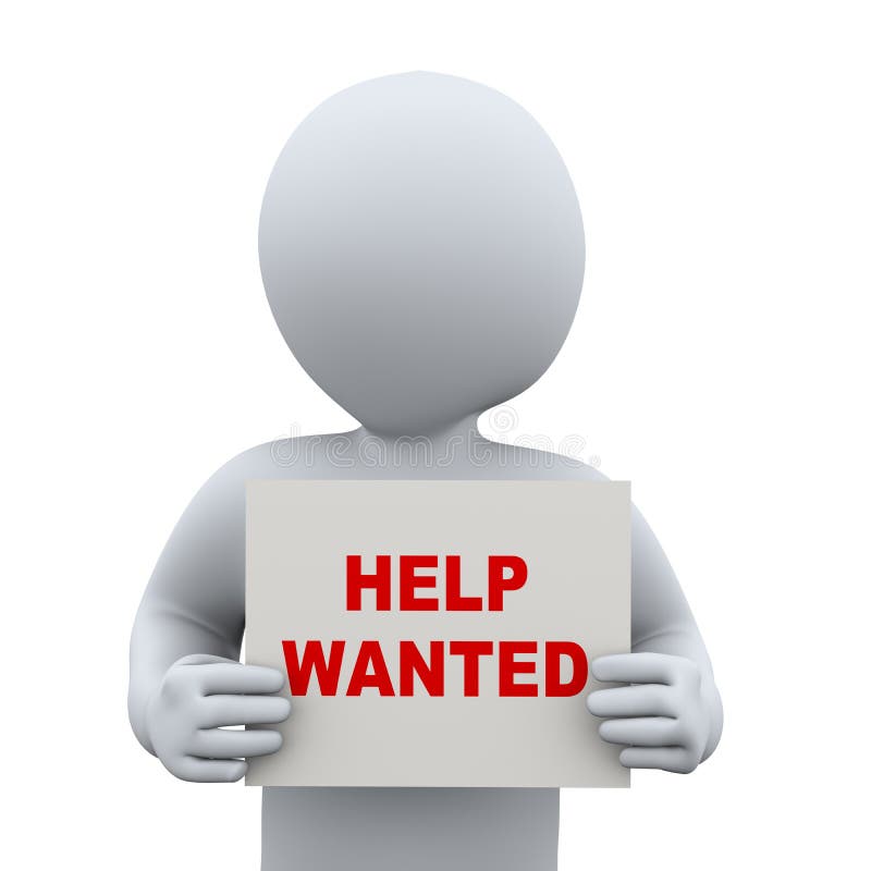 3d man holding help wanted banner sign stock illustration