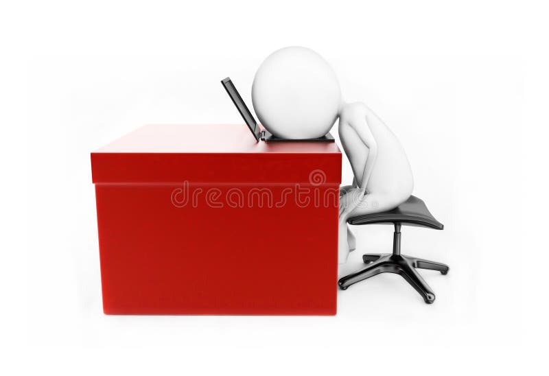 3d man lying his head over laptop which is placed over a desk co