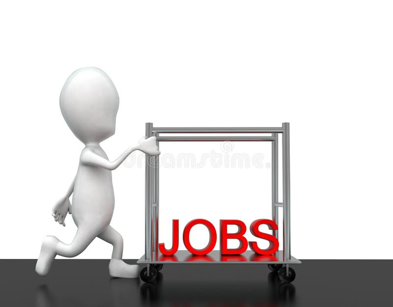 3d Man Pushing Trolley with Jobs Text in it Concept Stock Illustration