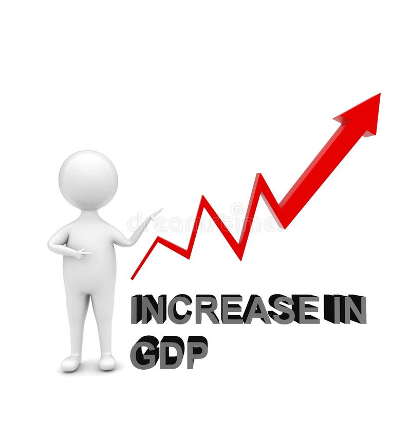 3d man standing and pointing is hand towards a upward arrow graph _ increase in gdp text concept