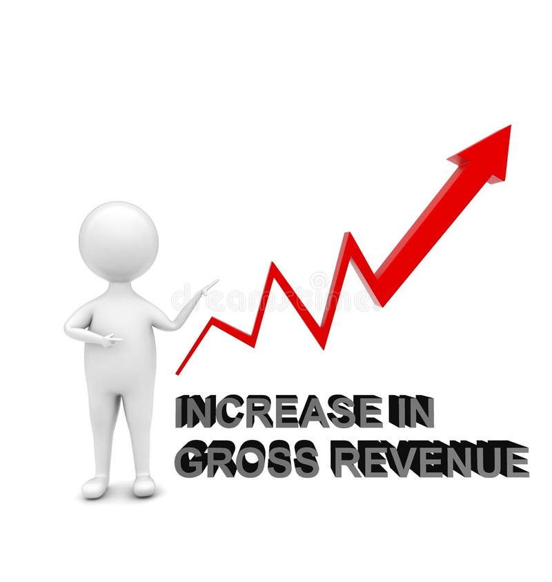 3d man standing and pointing is hand towards a upward arrow graph _ increase in gross revenue concept