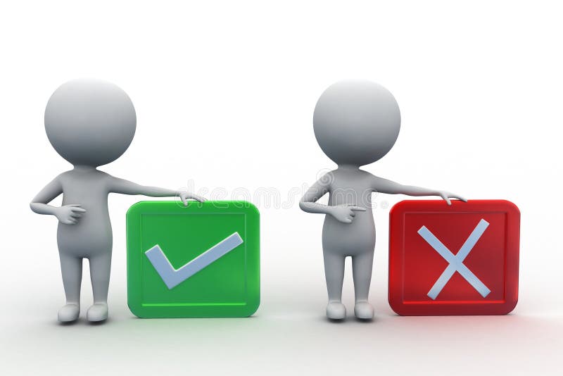 3d man with yes check mark and no stock illustration.
