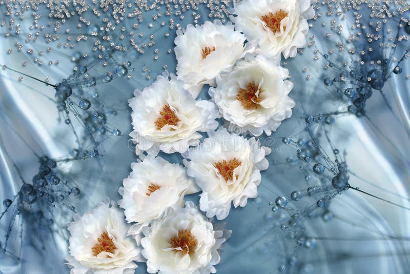 3D-mapstructuur, weefselbloemen, neushoorns op blauwe zijde achtergrond stock foto's 3D-mapstructuur, weefselbloemen, neushoorns op blauwe zijde achtergrond stock foto's