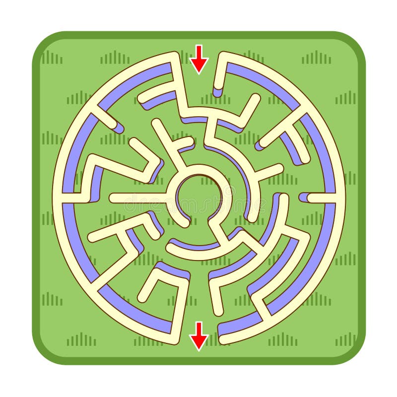 3d maze game top view, circle shaped, green grass background vector illustration