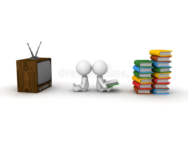 3D Mens die op TV en 3D Boek van de Mensenlezing letten royalty-vrije illustratie 3D Mens die op TV en 3D Boek van de Mensenlezing letten royalty-vrije illustratie