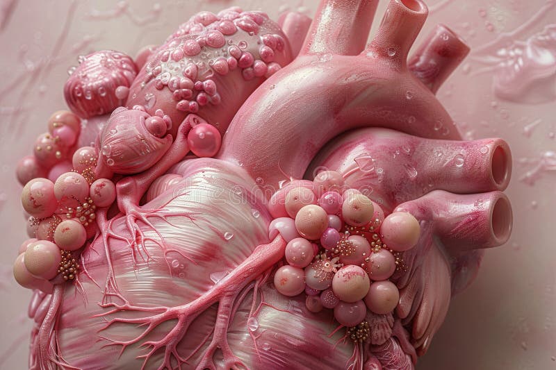 3d human heart model, in the style of hyperrealistic illustrations, light pink and crimson. Generative AI. 3d human heart model, in the style of hyperrealistic illustrations, light pink and crimson. Generative AI.