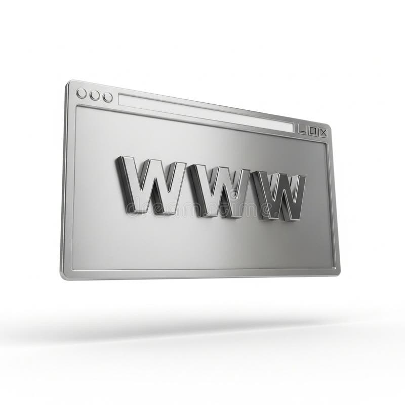 A 3D rendered metallic web browser window is depicted against a clean white background. The letters "WWW" are prominently displayed in a metallic font within the browser window. The browser features typical interface elements like an address bar and navigation buttons, suggesting online access and digital connectivity. World wide web computer illustrations