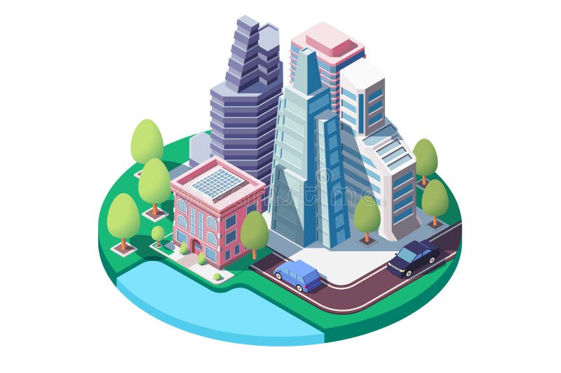 3d miasta isometric krajobraz z ulicą, miastowy park, drapacz chmur royalty ilustracja 3d miasta isometric krajobraz z ulicą, miastowy park, drapacz chmur royalty ilustracja