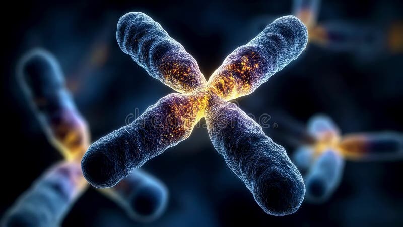 3D microscopic view of chromosomes with an enlarged illuminated extra X chromosome adjacent to standard XY set stock illustration