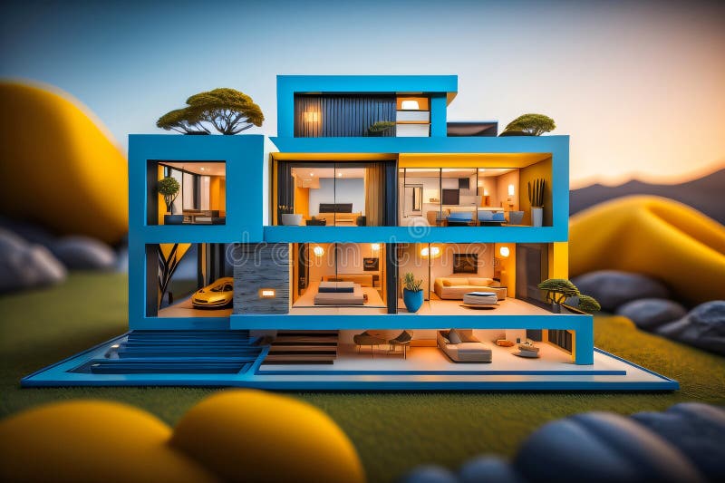 3d miniaturowy nowoczesny luksusowy dom generacyjny ai royalty ilustracja