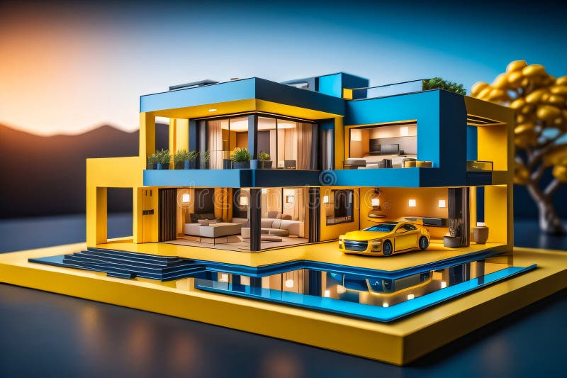 3d miniaturowy nowoczesny luksusowy dom generacyjny ai ilustracji