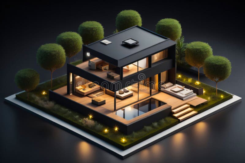 3d miniaturowy nowoczesny luksusowy dom generacyjny ai ilustracji