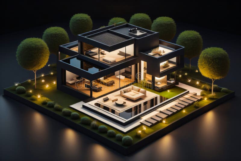 3d miniaturowy nowoczesny luksusowy dom generacyjny ai royalty ilustracja