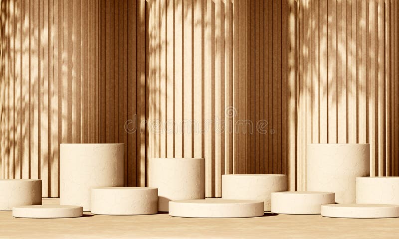 3D beige concrete podium display with lights and plants shadows