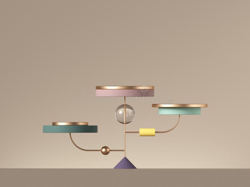 3d minimal postmodern abstract background with primitive geometric shapes. Blank cylinder platforms placed on golden wire. Product showcase stand for shop