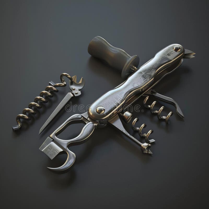 3D model of Multitool bottle opener with additional functionality and accessories stock illustration