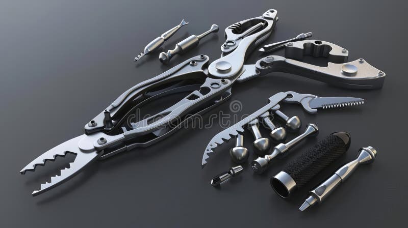 3D model of Multitool bottle opener with additional functionality and accessories stock illustration