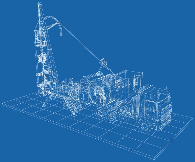 3d model outline coiled tubing truck. Wire-frame vector illustration