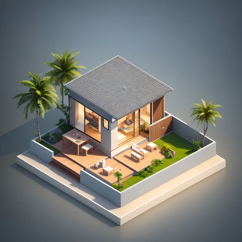 3d model referencyjny słodkiego małego domu dla ciepłego klimatu ai generowany ilustracja wektor
